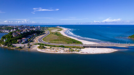 Aerial view of Ilheus, tourist town in Bahia. Historic city center with sea and river.