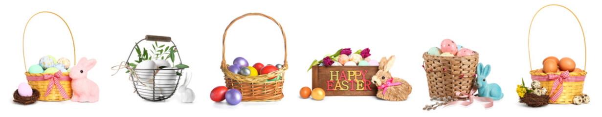 Set of baskets with painted Easter eggs on white background