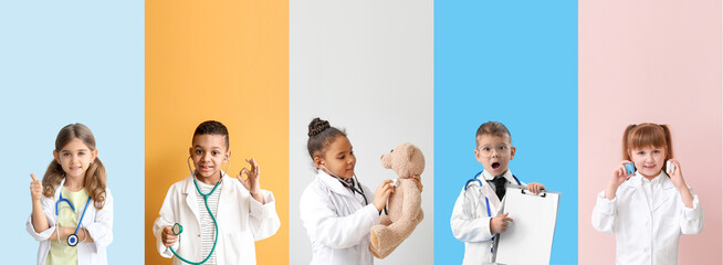 Collage with funny little doctors on colorful background