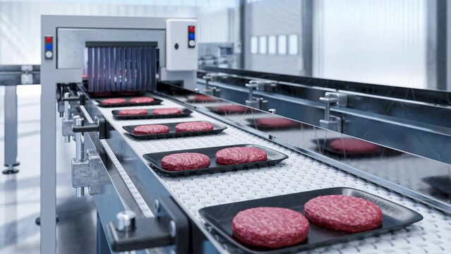Conveyor with beef patties in modern eco-friendly meat production facility