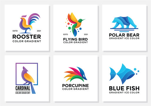 Logo bundle full color rooster, bird, bear, fish, Porcupine.