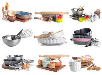 Group of kitchen utensils for baking on white background