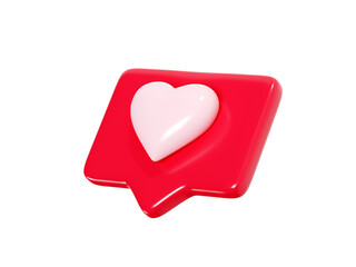 Speech bubble with heart 3d render icon - red love message or social media like notifications. Romantic conversation chat or lovely comment element. Romance emotion or feedback button.