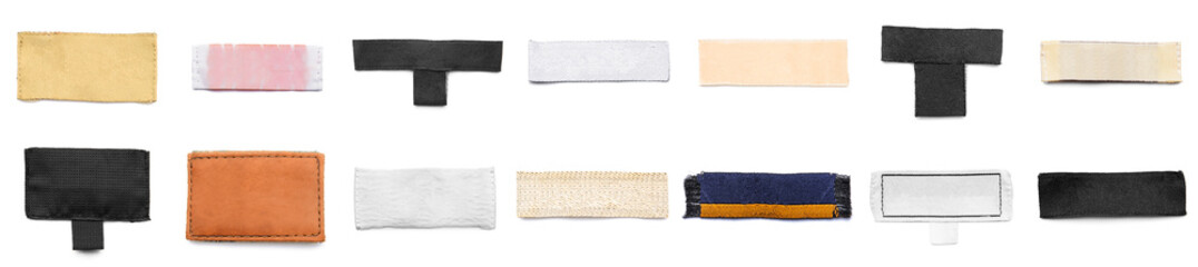 Collage of clothes labels on white background