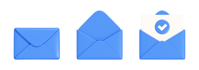 Letter 3d render set - blue envelope collcetion closed and open with paper. Sending newsletter or subscription concept. Icons for sending message by mail. - obrazy, fototapety, plakaty