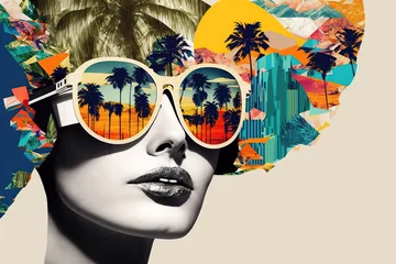 Young beautiful woman wearing big sunglasses. Creative 60s retro background. Generative AI © LiliGraphie