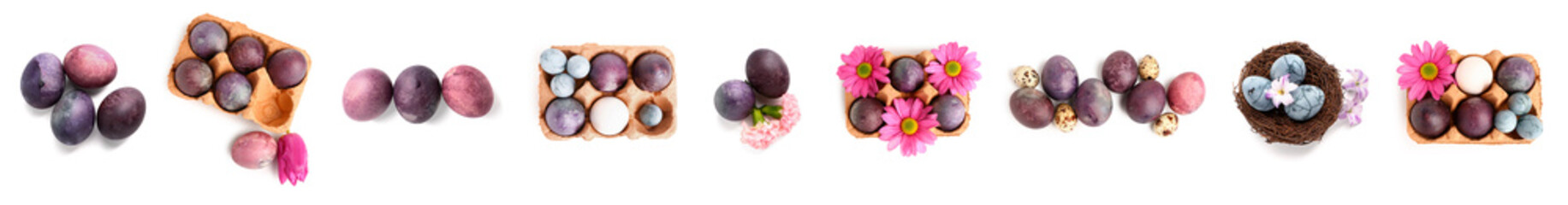 Set of many Easter eggs on white background, top view