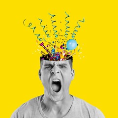 Contemporary collage of man screaming with confetti inside head