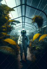Obraz na płótnie Canvas Inside a greenhouse with many plants in it. person working in dangerous goods