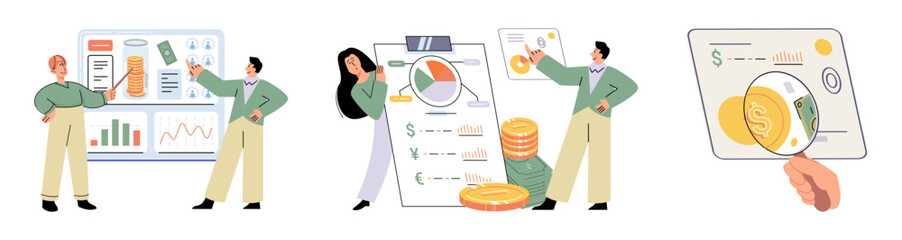 Budget plan concept. Evaluates income and expenses, analyzes investments and savings. Financial literacy and economics, accounting. Planning and distribution of money. Income and expenses report