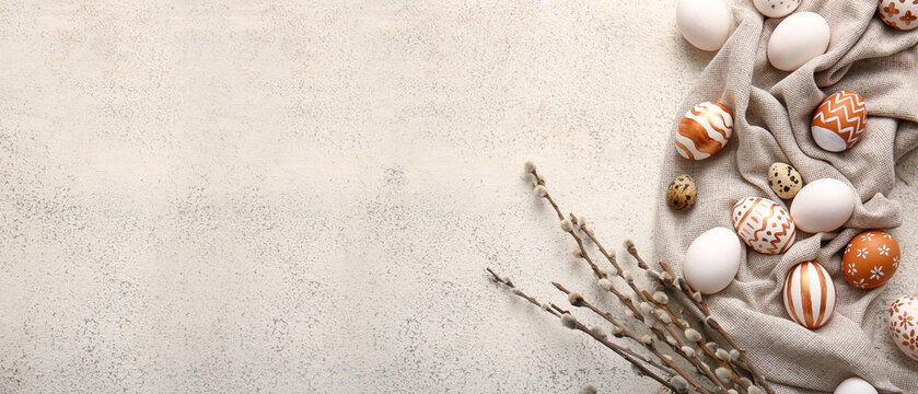 Beautiful Easter eggs and pussy willow branches on light background with space for text - Powered by Adobe