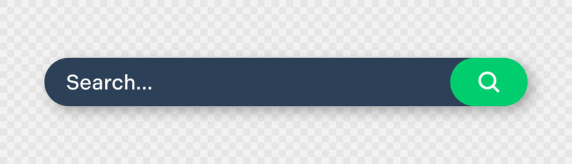 Search bar with round corners. Internet browser engine with search box, address bar and text field. UI design, website interface element with web icons and push button. Dark mode. Vector illustration