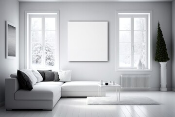 Interior poster mock up in living room with white wall. Generative AI