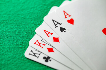 Playing cards, poker combination full house, three aces and two kings