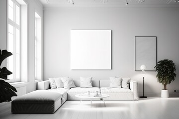 Interior poster mock up in living room with white wall. Generative AI