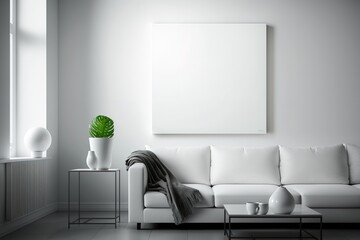 Interior poster mock up in living room with white wall. Generative AI