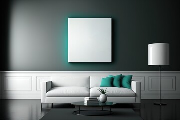 Interior poster mock up in living room with white wall. Generative AI