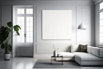 Interior poster mock up in living room with white wall. Generative AI