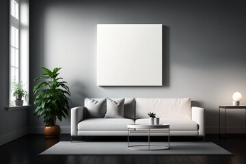 Interior poster mock up in living room with white wall. Generative AI
