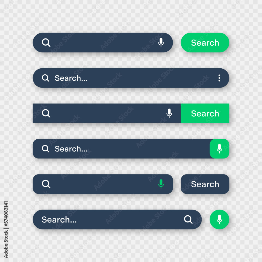 Poster various search bar templates, dark mode. internet browser engine with search box, address bar and te