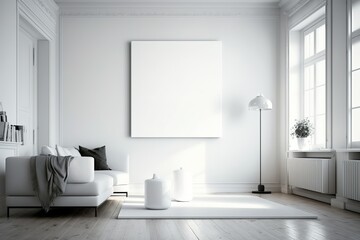Interior poster mock up in living room with white wall. Generative AI