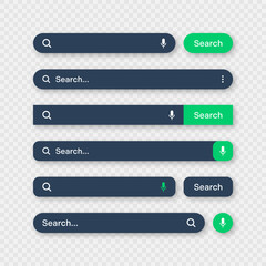 Fototapeta premium Various search bar templates, dark mode. Internet browser engine with search box, address bar and text field. UI design, website interface element with web icons and push button. Vector illustration