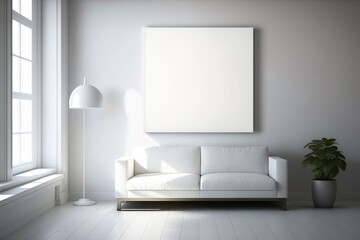 Naklejka na ściany i meble Interior poster mock up in living room with white wall. Generative AI
