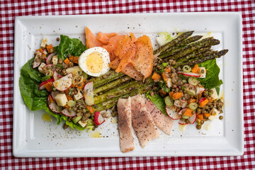 Fischteller mit Spargel und Salat 