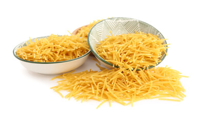 Bowls of uncooked vermicelli pasta isolated on white background