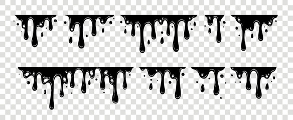 Black Melting Paint Abstract Liquid Vector Elements Isolated on White Background. Border and Drips Ink Set. Vector Illustrations.	