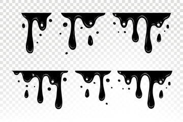 Black Melting Paint Abstract Liquid Vector Elements Isolated on White Background. Border and Drips Ink Set. Vector Illustrations.	