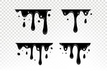 Black Melting Paint Abstract Liquid Vector Elements Isolated on White Background. Border and Drips Ink Set. Vector Illustrations.	