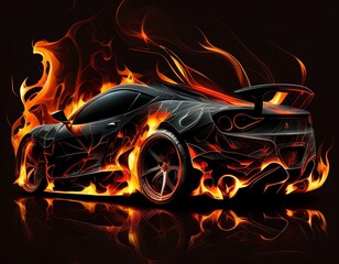 Futuristic Black Sports Car with fire tail.  Generative AI.