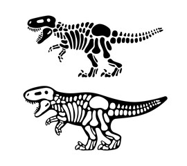 Tyrannosaurus bones and skull. T-rex skeleton. Prehistoric animal silhouette. Paleontology and archeology. Prehistoric creature bones