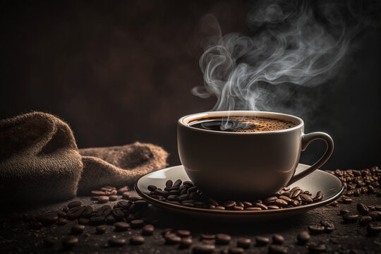 Cup of coffee with smoke and beans. Generative AI. © MikiKreate