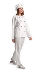 Female baker in uniform on white background