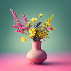 Pink Vase: A beautiful set of spring flowers is a sight that can lift the spirits and fill the heart with joy. Against a backdrop of lush green leaves and soft, velvety petals.