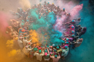 Crowd of people covered in multicolored powder at Holi festival. Holi celebration in Nepal or India. The Hindu festival of colors. Throwing colored powder. Spring Festival. Generative AI.