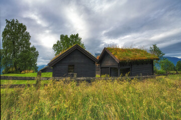 Norway, around Lake Levatnet, characteristic Norwegian houses where the roofs are covered with grass	