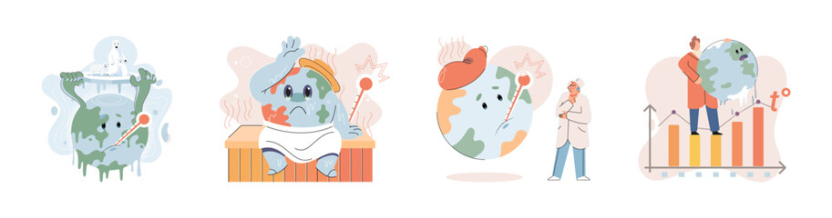 Naklejka premium Global warming. High temperature and hot weather Earth. Climate change concept. Hot melt planet earth. Global warming heating impact. Tiny people. Raising global temperature. People energy use planet