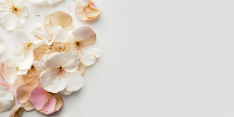 Cherry blossoms on white background, banner, panorama, copy space, generative ai
