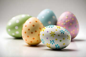Fototapeta na wymiar Colorfully decorated easter eggs on white background, pastel tones, generative ai