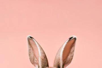 Easter bunny ears, funny rabbit, hare on pink background, card, pastel tones, copy space, generative ai - obrazy, fototapety, plakaty