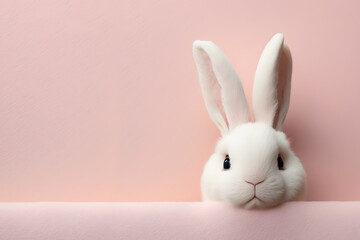Fototapeta na wymiar The cutest easter bunny, white fluffy rabbit, hare on pink background, pastel tones, cartoon, copy space, generative ai