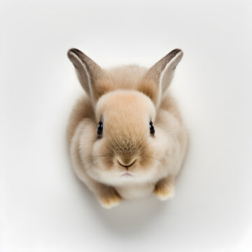 Cute young easter bunny, rabbit on white background looking up into camera, generative ai