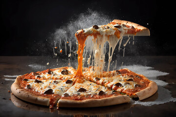 pizza with tomatoes and mozzarella, cheese dripping off a slice of pizza