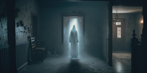 Wraith Appears In The Foggy Cemetery, generative ai - obrazy, fototapety, plakaty