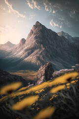 Majestic mountain scenery and flower fields, Generative AI