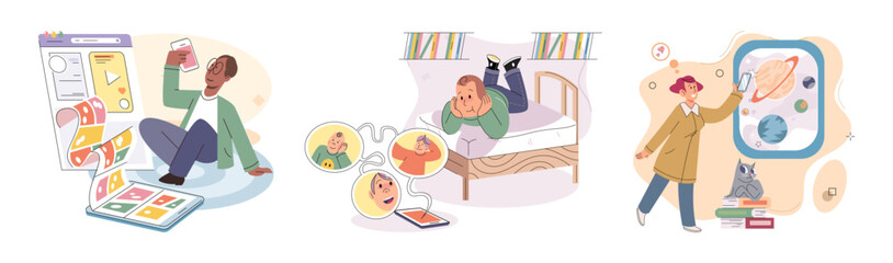 Children at home with phones and tablets set. Kids remote education, toddlers use smart technologies. Kids studying online, surfing social media, playing game, chatting by video call and use internet