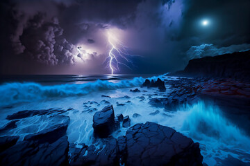 Lightning Strikes, Purple Night Sky, Glowing, Blue Sea Ocean, Water, Foam, Rocks, Black Rocks, Storm, Stormy, Dramatic, Clouds, Night, Moon, moonlight, 